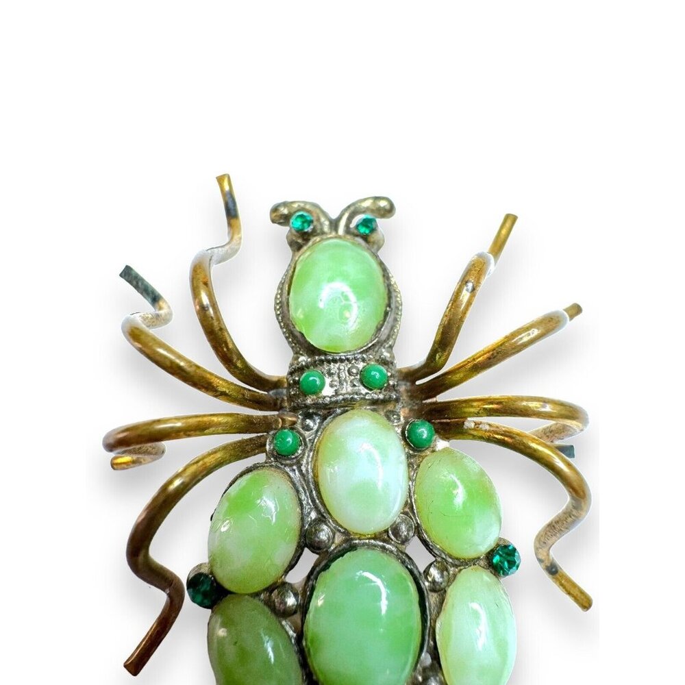 Art Nouveau Jadeite Brass Spider Brooch Green Crystal - Picture 16 of 16